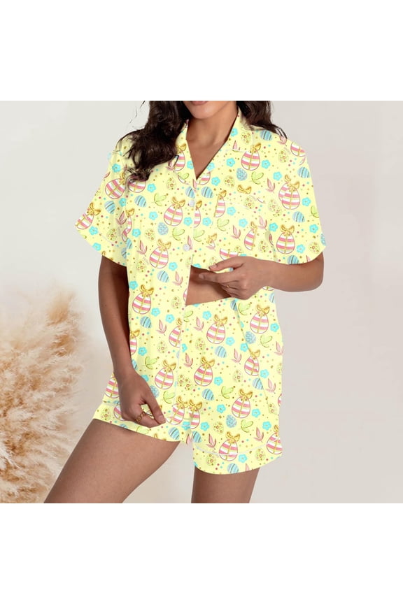 Easter Pajamas for Women 2 Pieces Bunny & Eggs Print Pjs Set Short Sleeves Lapel Pjs Tops & Pjs Shorts Button Up Pajamas for Women Set (Yellow1 S)