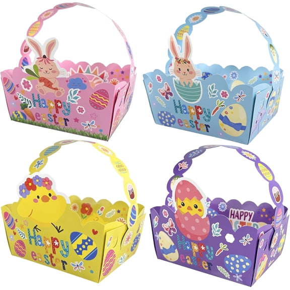 "Easter Paper Baskets, Treat Boxes with Handle Gift Bags, Candy Cookies Box for Kids, Craft, Egg Hunt, Birthday, Party