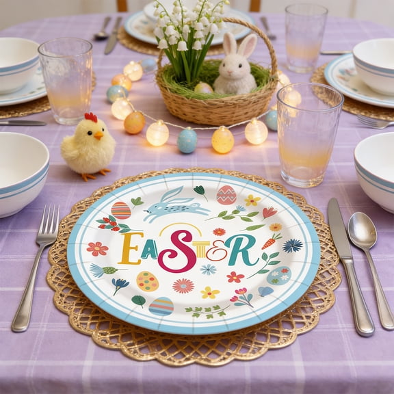 Easter Paper Plates 7 Inch - 10 Pack Heavy Duty Disposable Dinnerware Set with Bunny & Eggs Design for Spring Holiday Party Supplies