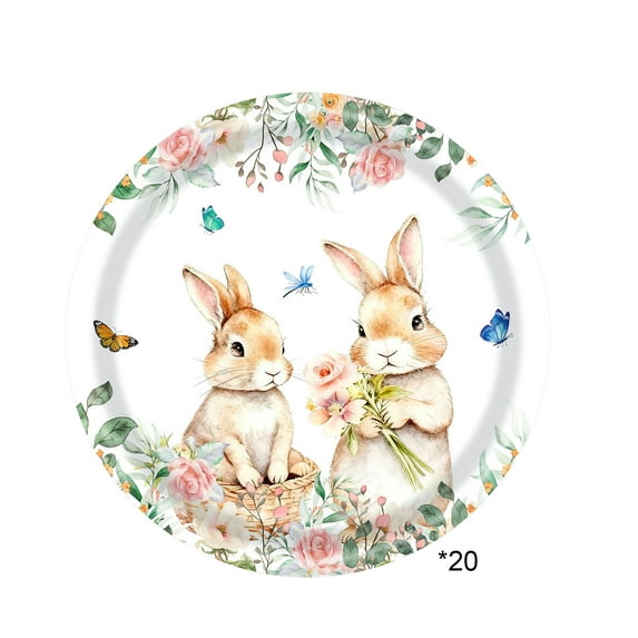 Easter Paper Plates Bunny Floral Disposable Plates 9 Inch & 7 Inch Rabbit Flower Dinner Plates for Spring Birthday Party Supplies, 20pcs