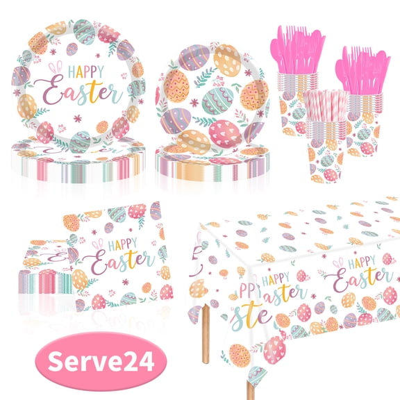 Easter Paper Plates Easter Decorations Eggs Disposable Dinnerware Tableware Set for Easter Party Supplies, Serves 24