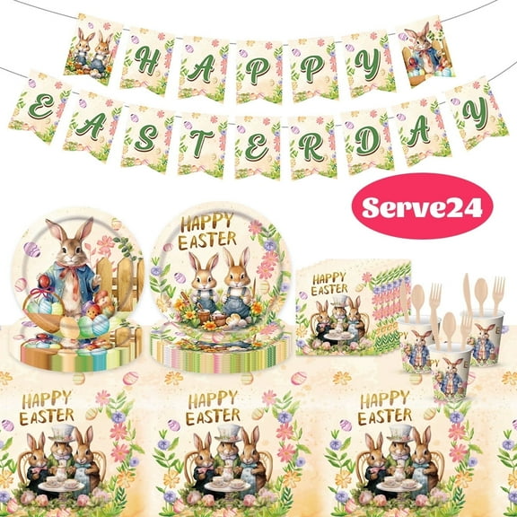 Easter Paper Plates Easter Party Supplies Decorations Easter Disposable Paper Plates, Napkins, Cups and Tablecloth for 24 Guests