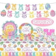 Easter Paper Plates Easter Party Supplies Disposable Bunny Plates Napkins Cups Tablecloth Banner Tableware for Easter Holiday Party Favor Design 1, Serves 20