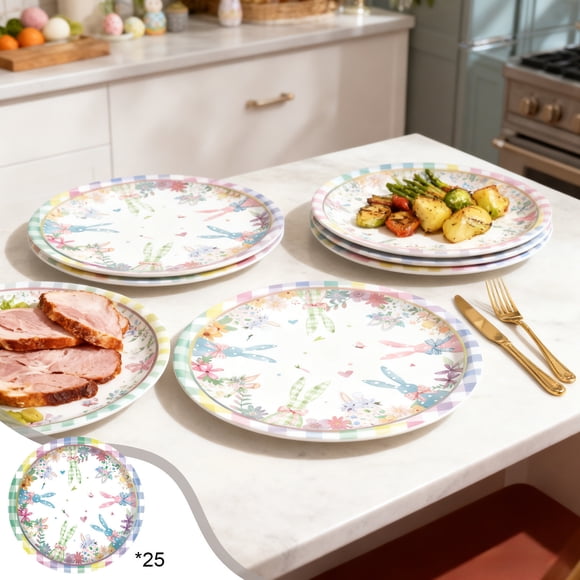 Easter Paper Plates Party Supplies 25 Count, Colorful Bunny Themed Disposable Plates for Holiday Celebration,7"(B)