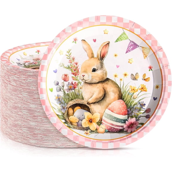 Easter Paper Plates Round Disposable Bunny Plates for Holiday Spring Party Dessert Supplies(White,Bunny with Egg)