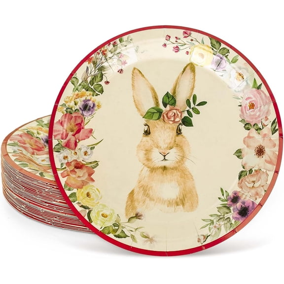 Easter Paper Plates Vintage Bunny Rabbit Flower Disposable Plates Spring Floral Round Tableware Dinner Dessert Plates for Appetizer Party Decor Supplies