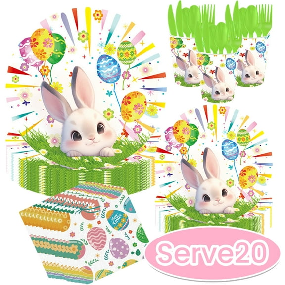 Easter Paper plates Easter Party Supplies Disposable Bunny Plates Napkins Cups Cutlery Tableware for Easter Holiday Party Favor Design 3, Serves 20