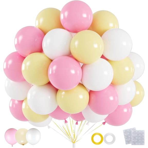 Easter Party Balloons, Macaron Pink Yellow White Latex Balloons for Easter Party Decorations, Bridal Shower, Wedding Decor (With Ribbons)