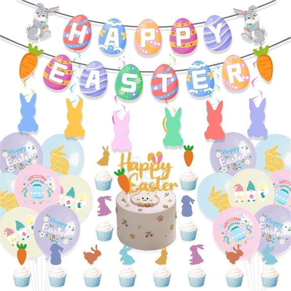 Easter Party Decoration Set with Bunny Garland Egg Banner Latex Balloons Cake Topper and Rabbit Cutouts for Spring Holiday Event Supplies