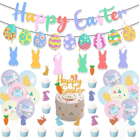 Easter Party Decoration Set with Bunny Garland Egg Banner Latex Balloons Cake Topper and Rabbit Cutouts for Spring Holiday Event Supplies