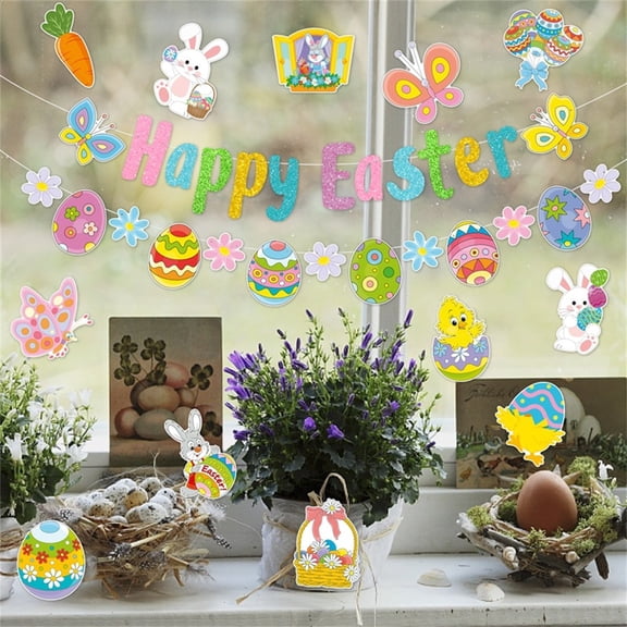 Easter Party Decorations, Bunny Carnival Decor, Easter Banner, Easter Egg Stickers Set B - Bunny & Egg Themed Hanging Banners, Easter Egg Stickers For Party Decoration - For Home,