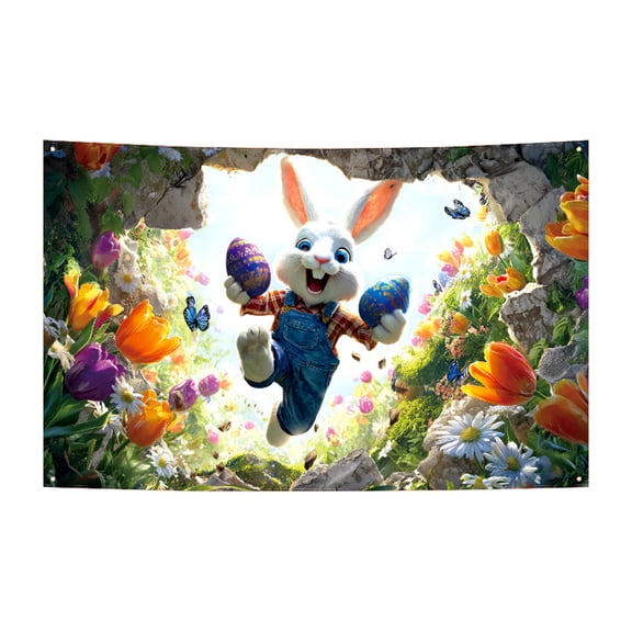 Easter Party Decorations, Egg and Bunny Design Background Cloth Vinyl Photo Prop for Indoor Outdoor Celebrations, High-Definition Waterproof