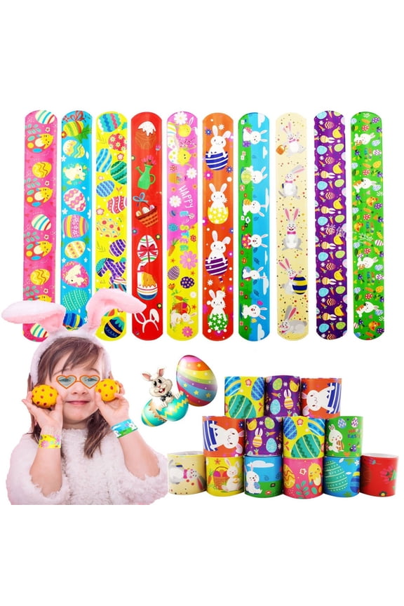 Easter Party Favors 10 Pack, Slap Bracelets with Bunny & Egg Designs for Kids, Spring Classroom Treats, Egg Hunt Prizes, Holiday Goodie Bag Fillers and Fun Toy Gifts