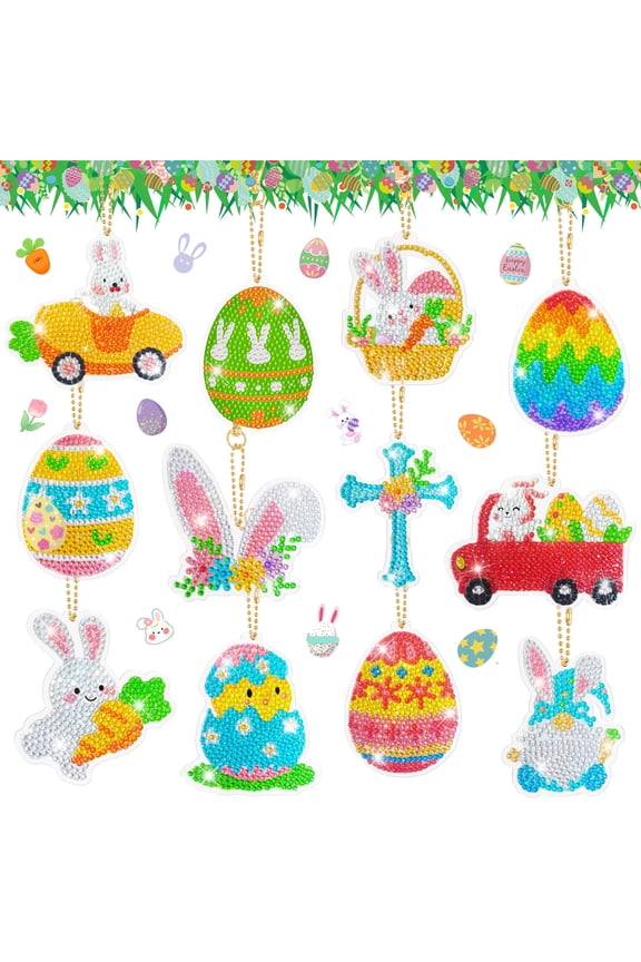 44pcs Easter Eggs Diamond Painting Keychain, Bunny Egg Ornament Decoration Easter Diamond Painting Keychain for Easter Party Decorations Easter Day Decorations
