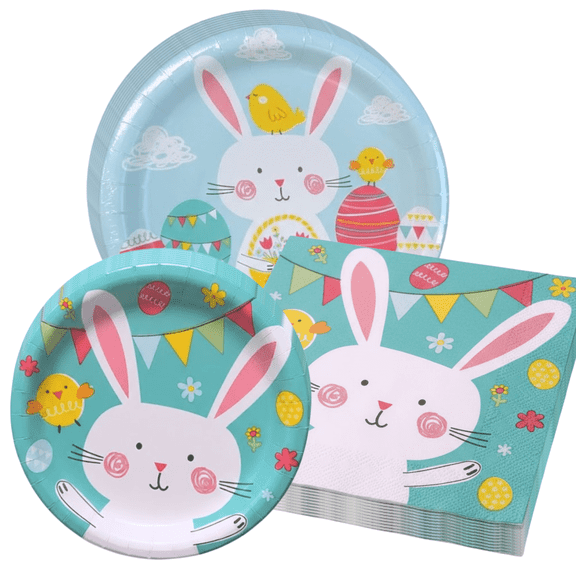 Easter Party Plates and Napkins Set – Easter Bunnies Egg Hunt Disposable Tableware, Spring Easter Tableware for Brunch, Appetizers, Serves 8 Guests