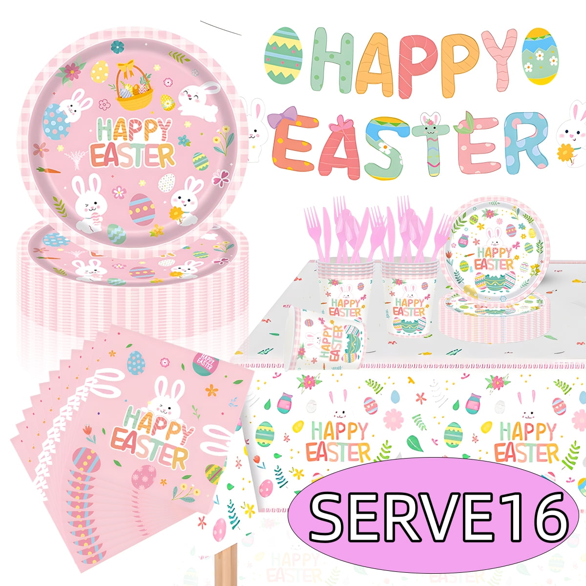 Easter Party Supplies Bunny Paper Plates Napkins Cups Disposable Eggs Tableware Easter Holiday Party Favor Decoration, Design 1, Serves 16