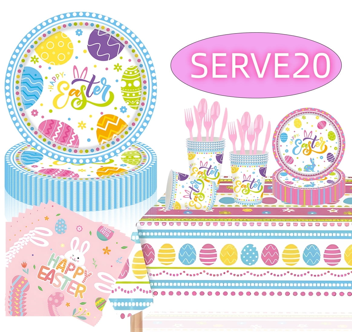 Easter Party Supplies Bunny Paper Plates Napkins Cups Disposable Eggs Tableware Easter Holiday Party Favor Decoration, Design 1, Serves 16