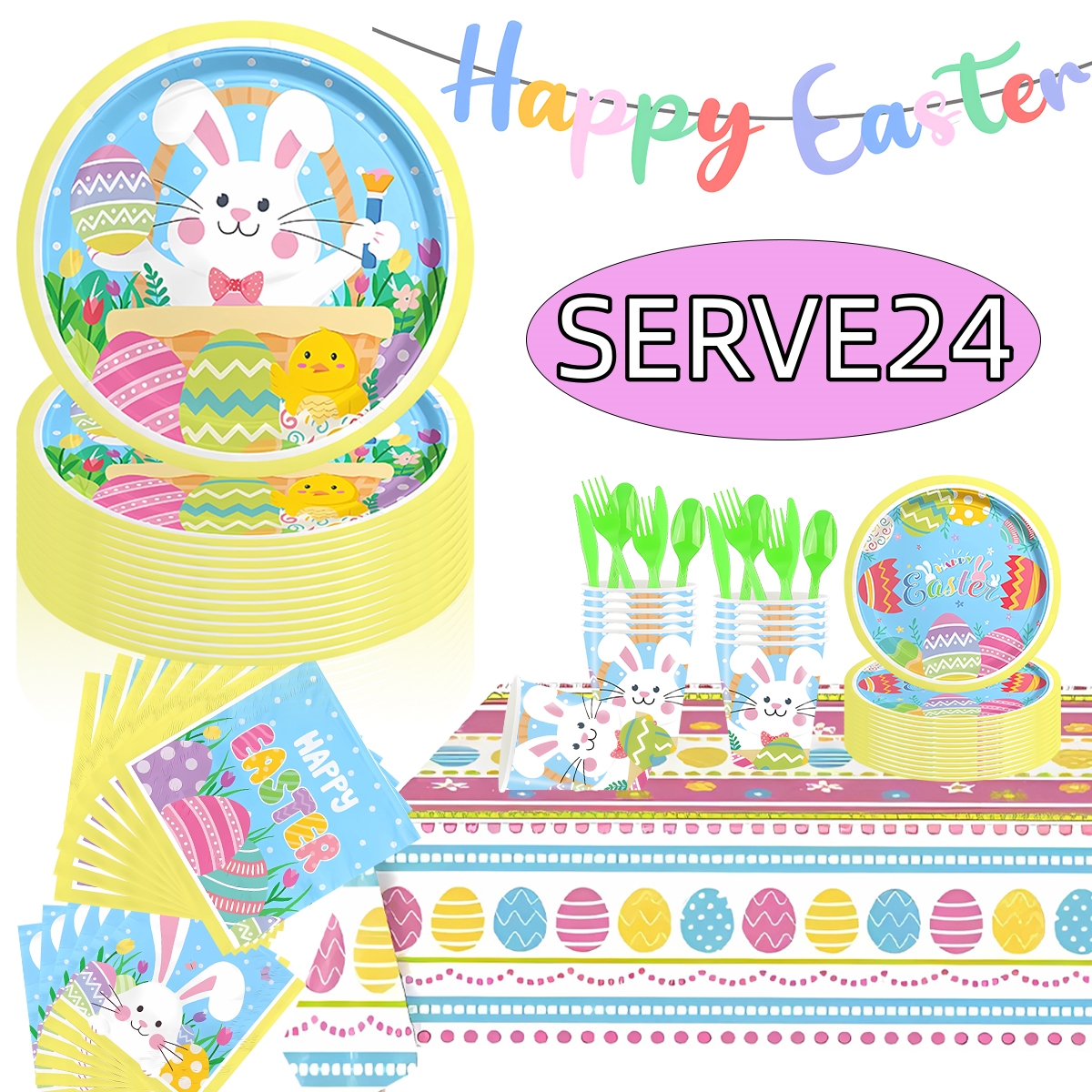 Easter Party Supplies Bunny Paper Plates Napkins Cups Disposable Eggs