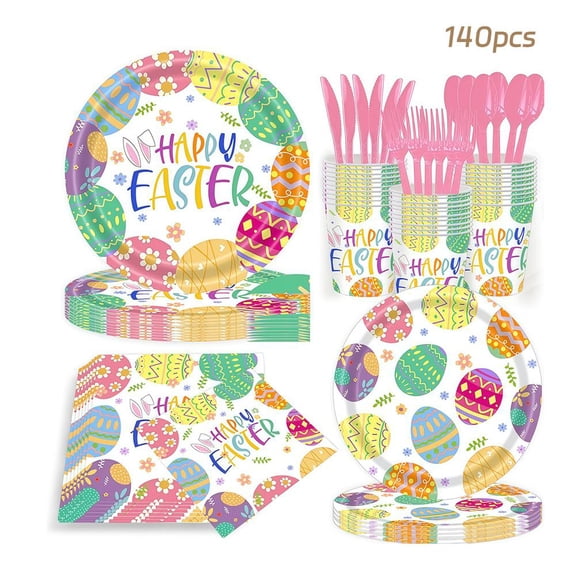 Easter Party Supplies Set, 7 Piece for 20 Guests, Plates Cups Tablecloth, Holiday Gathering