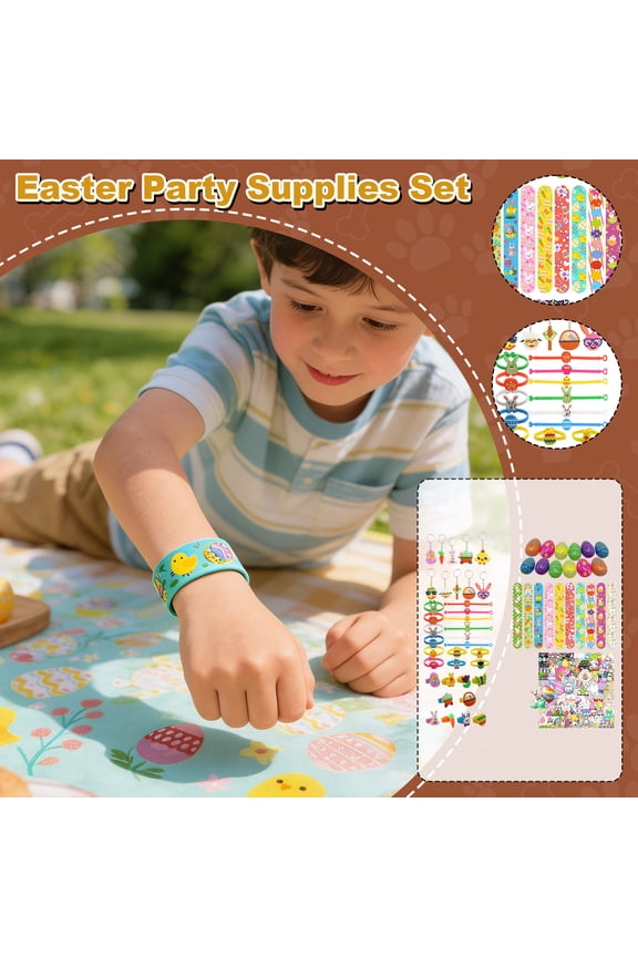 Easter Party Supplies Set with Keychains Bracelets Bands Rings Stickers and Eggs Holiday Gift Classroom Goodie Bag Fillers