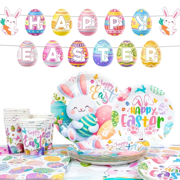 Easter Party Supplies Tableware Set Serves 20, Includes Easter Plates Napkins Tablecloth & Happy Easter Banner, Bunny Themed Disposable Tableware for Kids Easter Birthday Party Decorations