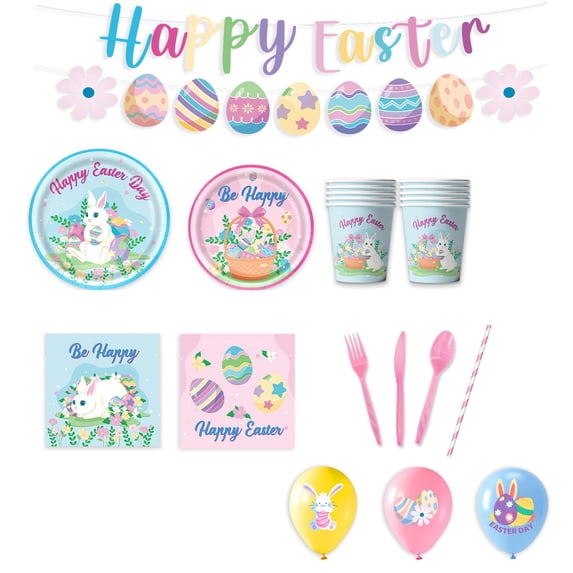 Easter Party Tableware Set for 10 Guests – 88PCS Disposable Plates, Cups, Napkins, Cutlery, Balloons, Banner, and Straws – Bunny and Egg Spring Holiday Party Decor