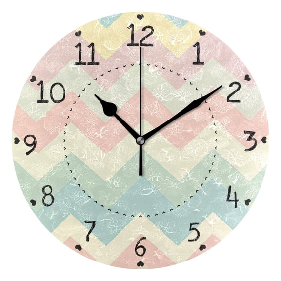 Easter Pastel Colored V-shaped Lines Round Wall Clock Silent Analog Battery Operated Black Pointer Home Decor 9.84" Diameter