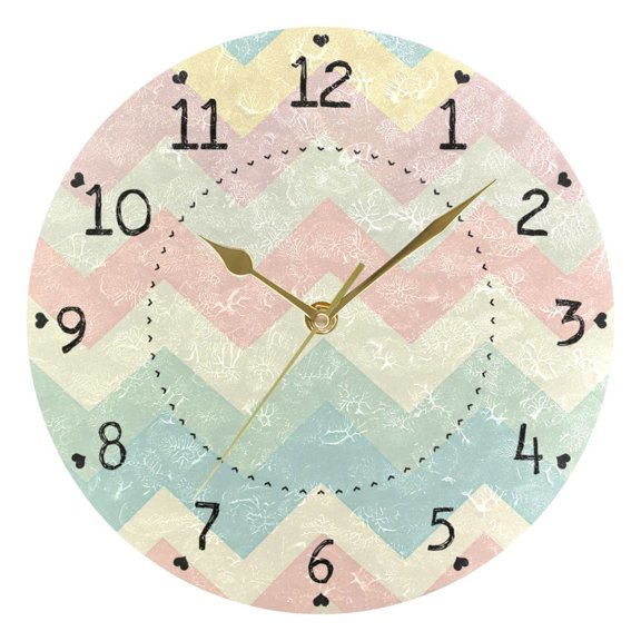 Easter Pastel Colored V-shaped Lines Round Wall Clock Silent Analog Battery Operated Gold Pointer Home Decor 9.84" Diameter