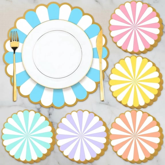 Easter Pastel Disposable Paper Placemats Spring Stripe Scalloped Table Mats for Table Setting Wedding Bridal Birthday Kitchen Party Banquet Supplies