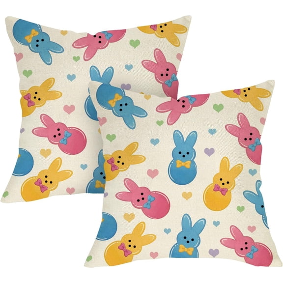 Easter Peeps Bunny Decorative Throw Pillow Covers 18 x 18 Set of 2, Colorful Rabbit Porch Outdoor Home Decor, Spring Love Hearts Couch Cushion Case