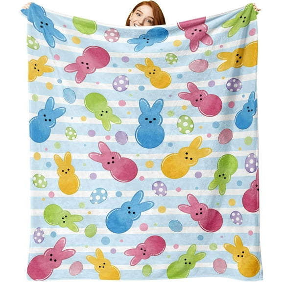 Easter Peeps Bunny Flannel Blanket, Cute Rabbit Easter Eggs Throw Blanket Gifts for Kids Men Women, Colorful Polka Dot Spring Soft Blanket for Bedding Sofa 50 x 60 Inch