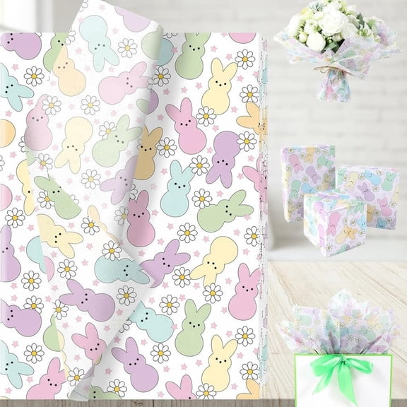 Easter Peeps Bunny Tissue Paper, Pastel Retro Rabbit Daisy Gift Wrapping Paper for Easter DIY Crafts Spring Party Supplies