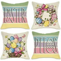 Easter Peeps Eggs Decorative Throw Pillow Covers 18 x 18 Set of 4, Wreath Bunny Rabbit Colorful Stripes Porch Patio Outdoor Pillowcase, Flowers Basket Butterfly Cushion Case Home Decor
