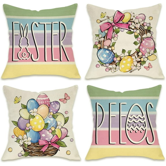 Easter Peeps Eggs Decorative Throw Pillow Covers 18 x 18 Set of 4, Wreath Bunny Rabbit Colorful Stripes Porch Patio Outdoor Pillowcase, Flowers Basket Butterfly Cushion Case Home Decor