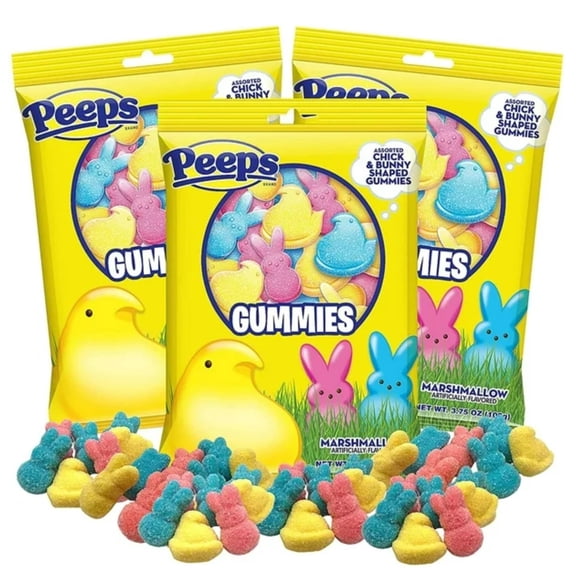 Easter Peeps Gummies, Marshmallow AIF9 Flavored Bunnies and Chicks, Egg and Basket Stuffers Candy, (Pack of 3)