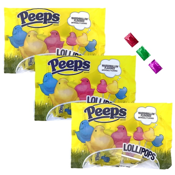 Easter Peeps Marshmallow Flavored Lollipops Candy 3.17 Oz, Individually Wrapped Suckers for Easter Baskets Egg Fillers Party Favors Gift Bags Candy Bowls Pack of 3 w/ Snoep in Beperkte Oplage