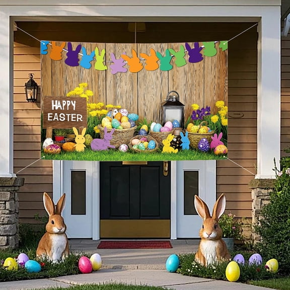 Easter Photo Backdrop with Bunny and Egg Design, Reusable Vinyl Easter Decor HD Printed Holiday Party Prop for Indoor Outdoor Family Gatherings, Childs Portraits Spring Celebration Photography