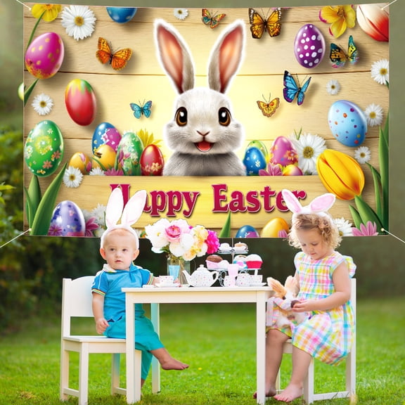 Easter Photo Backdrop & Party Decor (71x45 Inches) - Large Bunny & Eggs Design Background for Indoor/Outdoor Holiday Celebrations, Wrinkle-Resistant Fabric