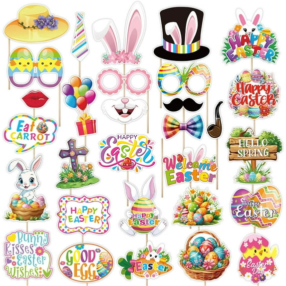 Easter Photo Booth Props Kit, 30Pcs Bunny Egg Chick Themed Party Decorations, Funny Spring Celebration Costume Accessories for Festive Gatherings