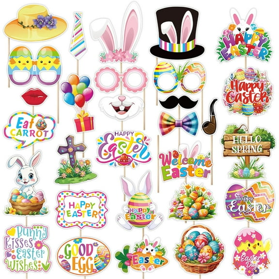 Easter Photo Booth Props Kit, 30Pcs Bunny Egg Chick Themed Party Decorations, Funny Spring Celebration Costume Accessories for Festive Gatherings
