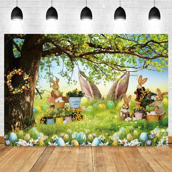 Easter Photography Backdrop Spring Garden Flower Stand Fence Colorful Eggs Rabbits Green Grass Photo Background Studio Props