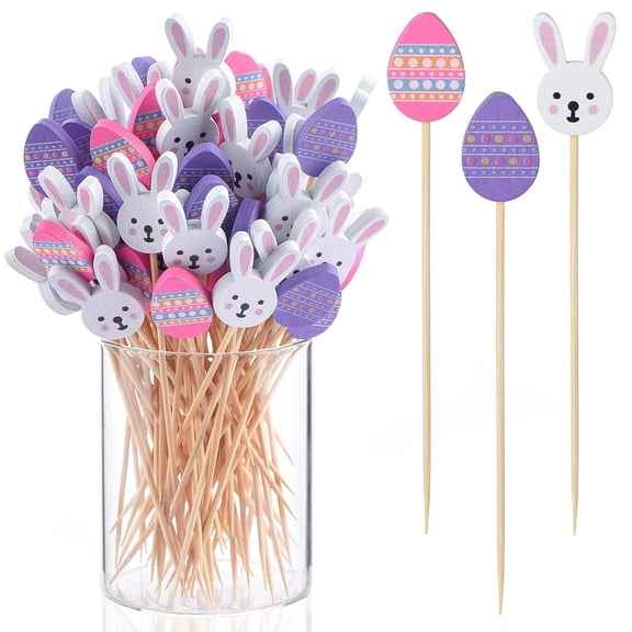 Easter Picks & 100PCS 4.7IN Bamboo Easter Toothpicks Bunny Egg Fancy Cocktail Skewers Easter Charcuterie Accessories for Drinks Appetizers Fruit Party Supplies