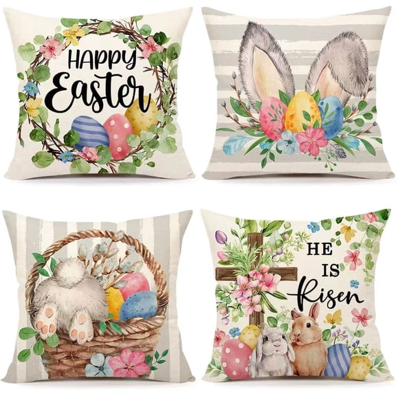 LuckApr Pillow Cover 18*18 Set of 4,Bunny Flower Throw Pillow Covers,Eggs Decorative for Bedroom Sofa