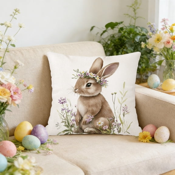 Easter Pillow Cover 18x18 Inches – Rabbits and Easter Egg Pattern Decorative Linen Cushion Case for Sofa Couch Bed Living Room Holiday Spring Home Decor