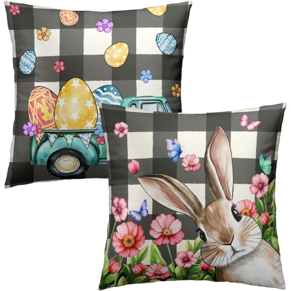 Easter Pillow Cover Rabbit Easter Eggs Pillow Case 20x20 Inch Set of 2 Truck Buffalo Plaid Spring Farmhouse Decorative Cushion Case for Home Sofa Living Room