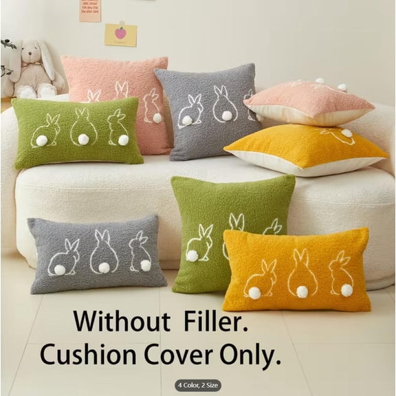Easter Pillow Cover - Soft Faux Fur Bunny Throw Pillow Cover 18×18 Inch - 3D Embroidered Rabbit Pattern - Spring Decorative Cushion Case for Sofa & Home Decoration