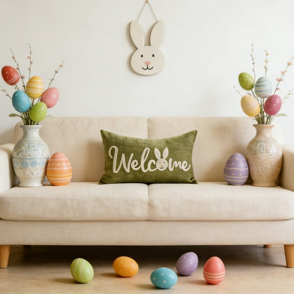 Easter Pillow Covers 12x20 Inch,Easter Decoration Beige Rabbit Soft Plush Faux Fur Throw Pillows,Bunny Easter Decoration Textured Lumbar Pillow Covers with Tassel for Bedroom Sofa Holiday Home Decor