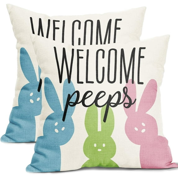 Easter Pillow Covers 16x16 Inch Set of 2 Colorful Bunny Welcome Peeps Easter Decorative Throw Pillow Covers Farmhouse Pillowcases Cotton Linen Square Cushion Covers for Couch Bed Sofa Chair Home Decor