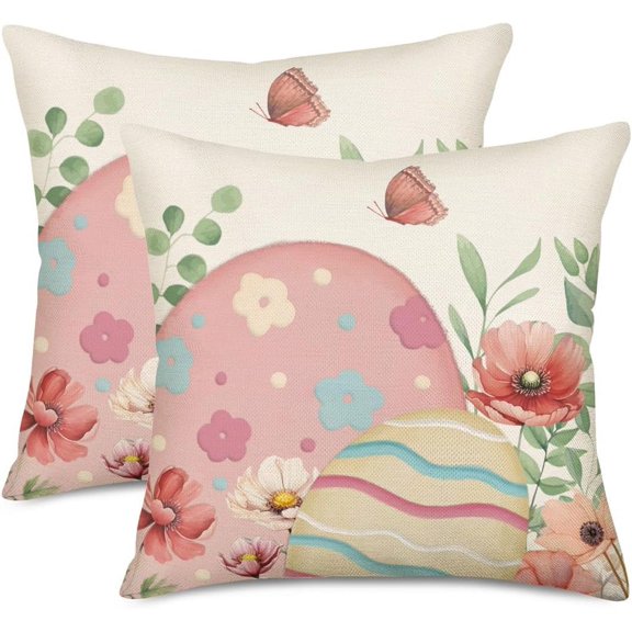 Easter Pillow Covers 16x16 Inch Set of 2 Cute Egg Floral Easter Farmhouse Decorations Throw Pillow Cover Spring Pink Flower Butterfly Decorative Cushion Case for Sofa Couch