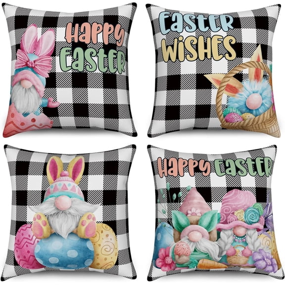 Easter Pillow Covers 16x16 Set of 4, Buffalo Plaid Throw Pillow Covers Bunny Gnome Eggs Pillowcase Spring Easter Decorations Farmhouse Velvet Cushion Case for Home Outdoor Yard